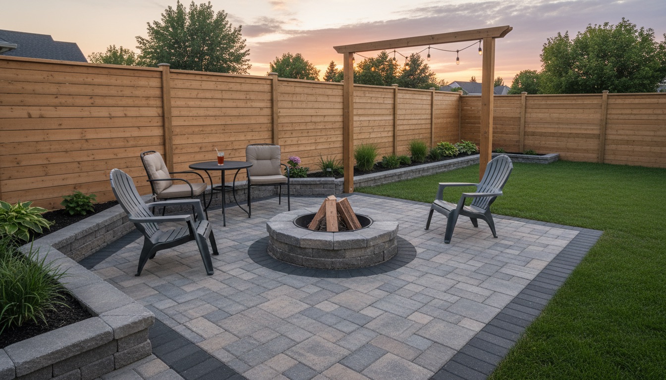 Création de patio en pavé uni avec foyer extérieur - Pavé Frenco